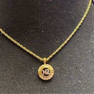 Nina Ricci Gold Plated Pendant Necklace • Silver Plated Monogram•Crystal Accents